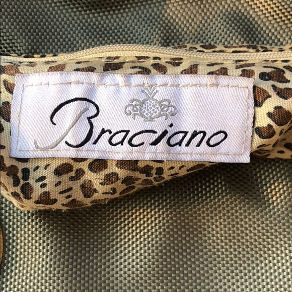 BRACIANO Olive Green Nylon Tote Brown & Gold Trim - Picture 5 of 8